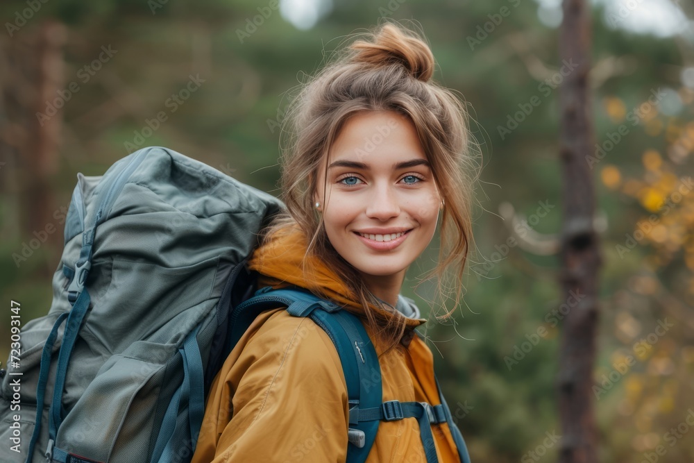 Active healthy woman hiking in beautiful forest. Portrait of happy smiling young woman resting of forest clearing during hike holidays. Active healthy woman hiking in beautiful forest. Portrait of happy smiling young woman resting of forest clearing during hike holidays.
