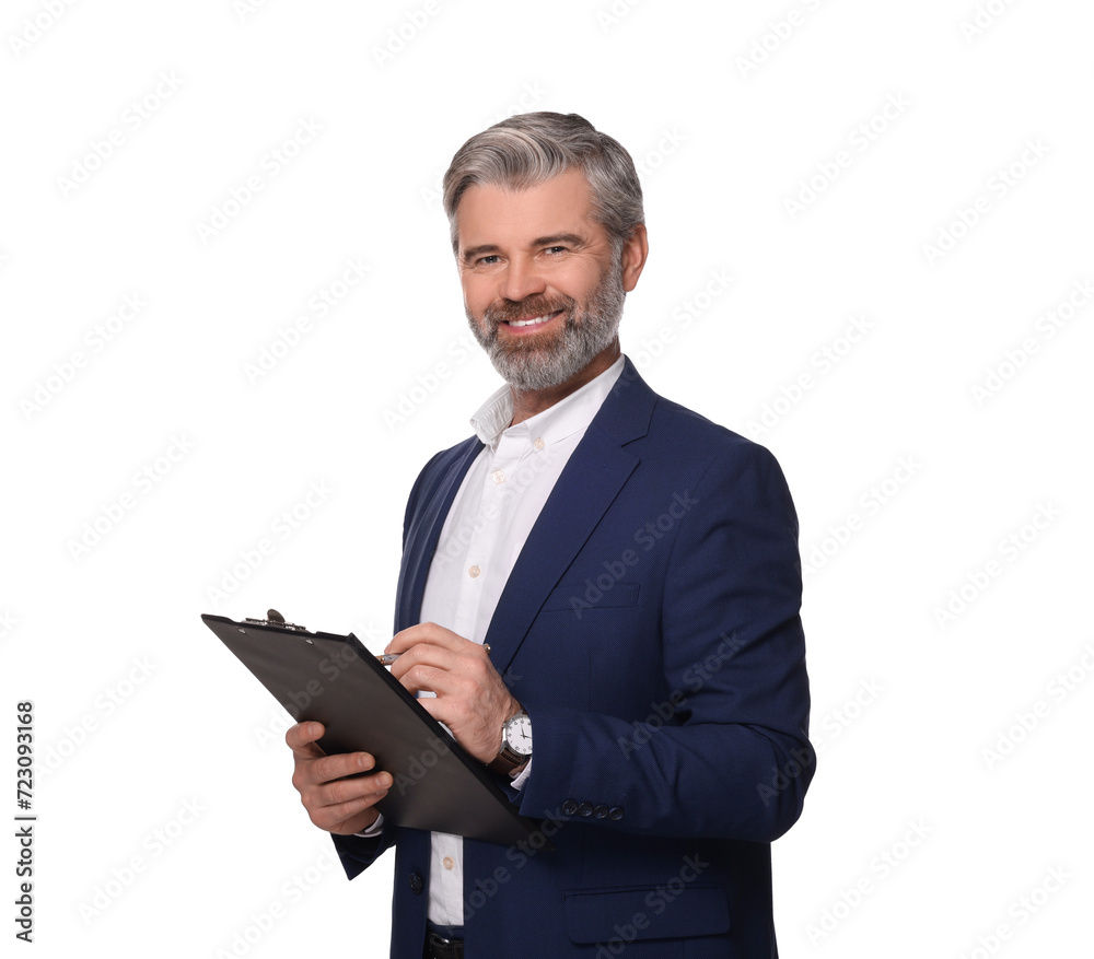 Portrait of smiling man with clipboard on white background. Lawyer, businessman, accountant or manager