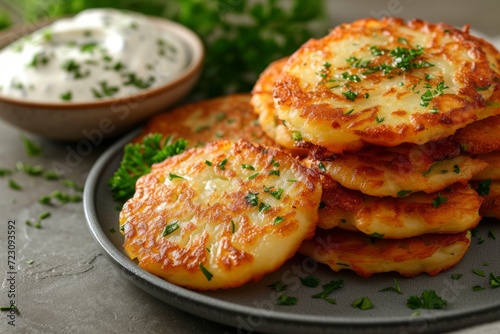 Close-up view of potato pancakes. Potatoes pancakes  latkes  flapjacks  hash browns or potato vada on a grey plate over a grey wooden table  with fresh parsley and sour cream   copy space for text.