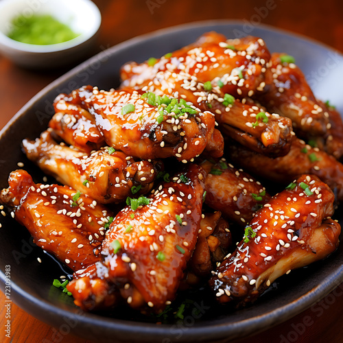 Honey glazed chicken wings with sesame seeds in a bowl