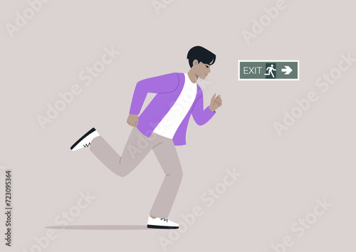 A young character is sprinting towards a direction indicated by an evacuation green sticker, following an emergency situation plan, the scene illustrates the urgency and adherence to safety protocols