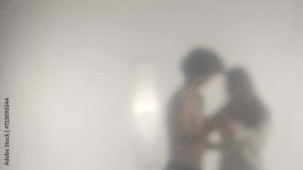Blurred silhouette of a couple dancing a waltz behind a transparent frosted glass or curtain. Concept of ghosts and spirits, the afterlife and the otherworld. HDR BT2020 HLG Material. Blurred silhouette of a couple dancing a waltz behind a transparent frosted glass or curtain. Concept of ghosts and spirits, the afterlife and the otherworld. HDR BT2020 HLG Material.