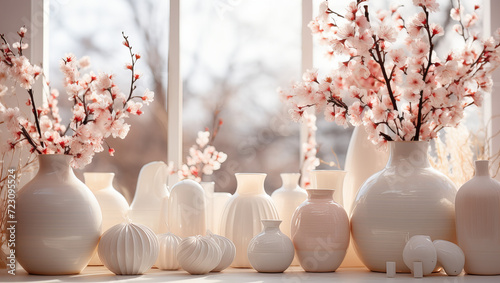 Elegant Vases and Cherry Blossoms Decor, array of elegant white vases adorned with delicate cherry blossoms, set against a soft, light-filled window, creating a serene and stylish interior © Viktorikus