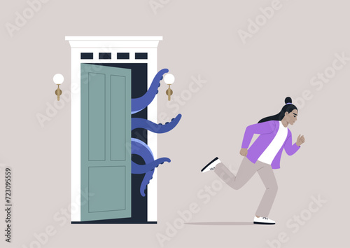 Young character sprints away from the ghost of the past, a haunting and frightening moment, a symbolic escape, an effort to overcome a panic attack and break free from the grip of unsettling memories