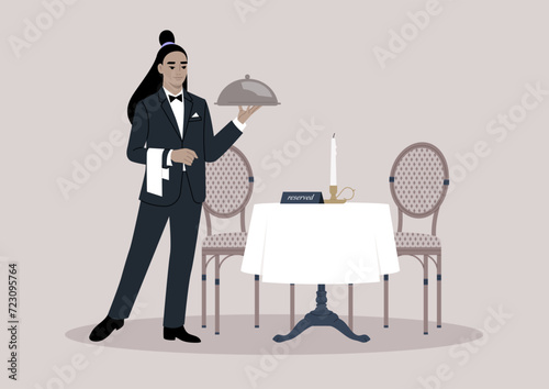 A refined waiter, donned in a sleek black tuxedo with a napkin draped over their hand, gracefully serves a dish covered with a metal cloche