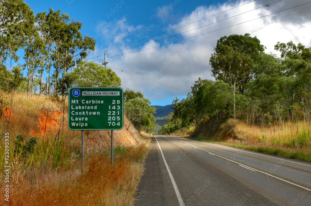 Traffic sign on Mulligan Highway in the outback of Queensland