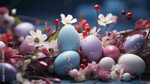 Blue eggs sitting in a field of flowers, Easter banner and beautiful painted eggs set on grass. Concept of Easter egg hunt or egg decorating art, Easter landscape