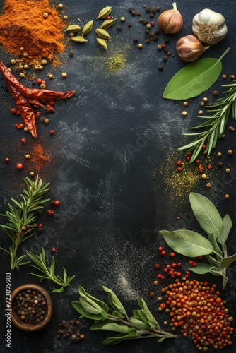 Several spices and leaves located at the edges  on dark chalkboard background  top view. For Restaurant menu background  Decoration  restaurant Thai  Indian  Asian Food.