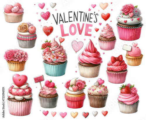 set of cupcakes A hand-drawn  watercolor illustration of Valentine s Day cupcakes. Clipart style