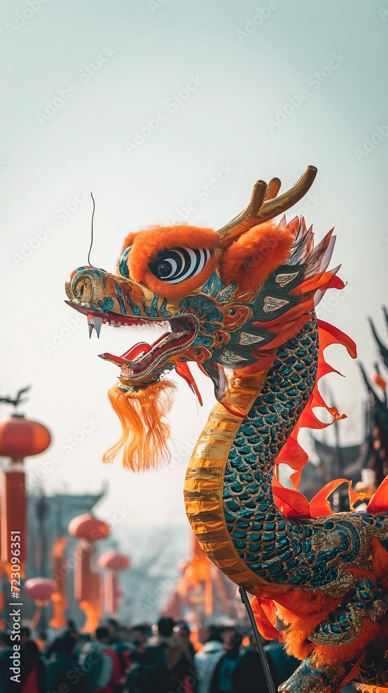 A traditional Chinese dragon head dance of a street. Celebration of Chinese New Year festival