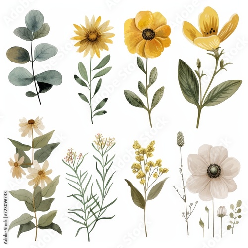 Spring flowers  clipart floral set  watercolour texture  on white background  neutral colour scheme. For Decoration  Flowers Store  Living room  Relax Space  Flower Lover. Component for design.