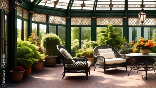 Victorian conservatory with wrought iron furniture. photo