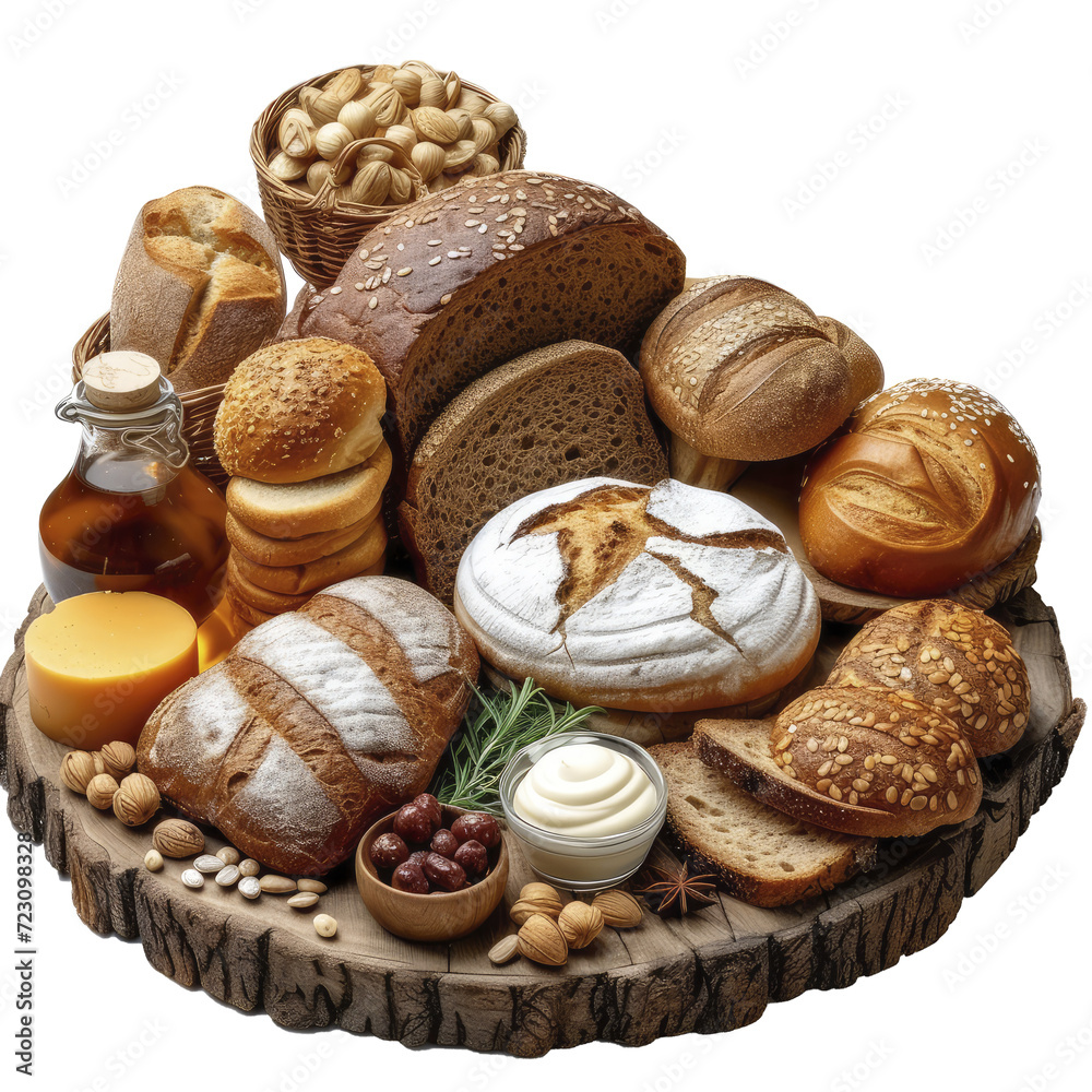 Assortment Baked Bread On Wooden Table, Isolated On Transparent Background