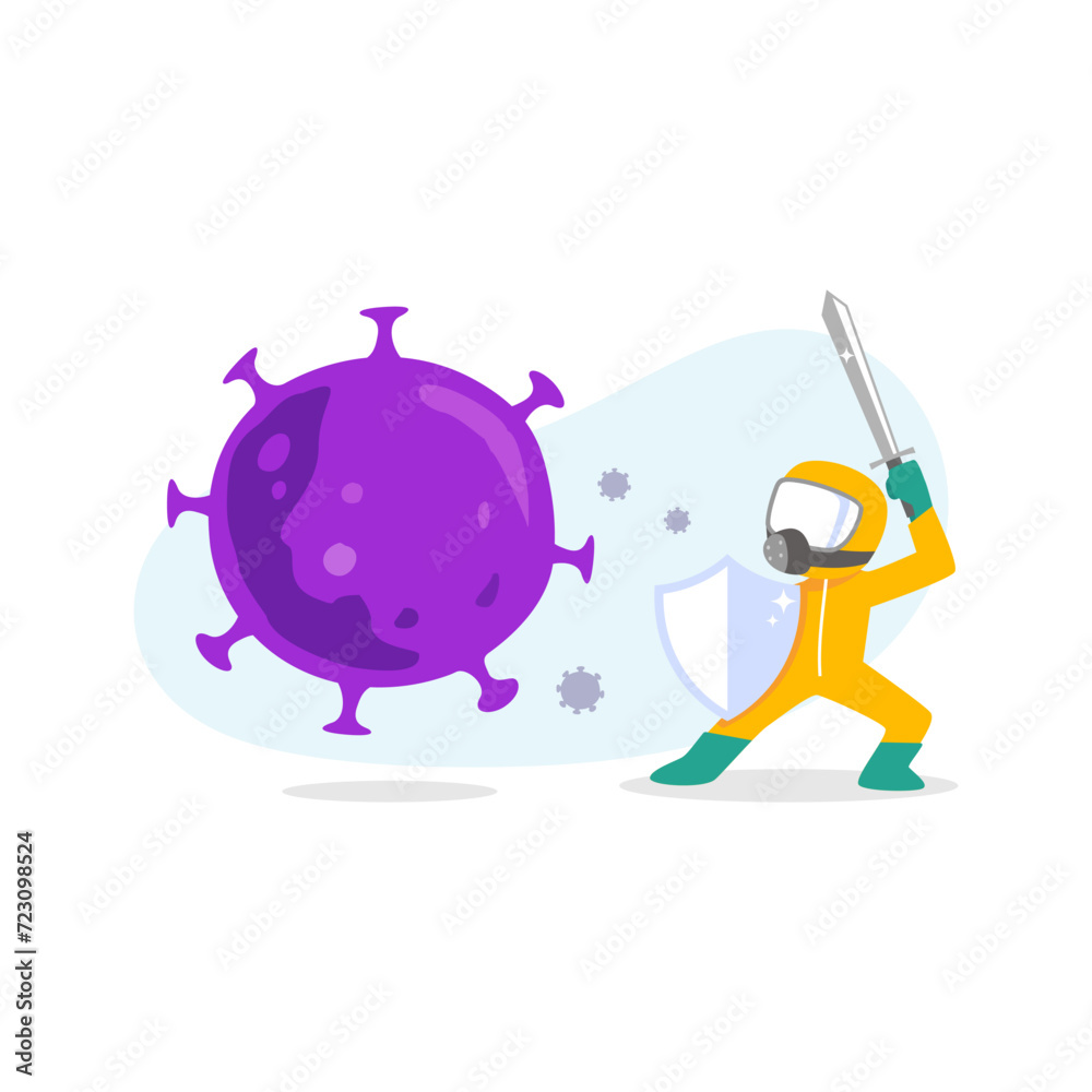 Scientist with gas mask fight corona virus from spreading with shield and sword concept illustration Scientist with gas mask fight corona virus from spreading with shield and sword concept illustration