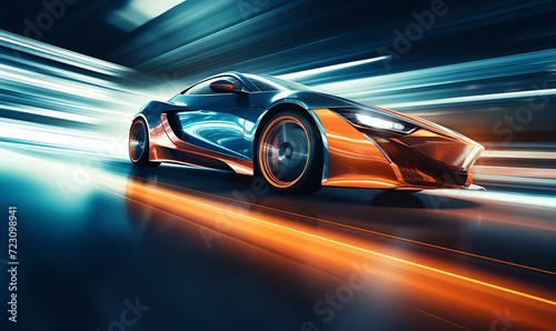 side view of a fast driving sport car, blurred motion background. Generative Ai