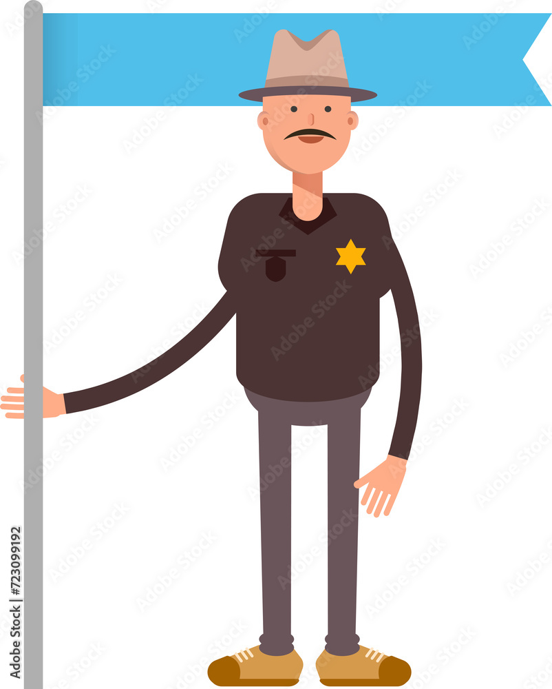 Sheriff Character Holding Flag Pole
