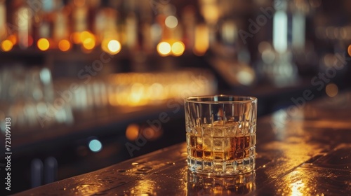 A glass drink of whiskey on the bar table blur background. AI generated image