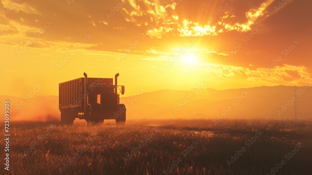 Cargo truck driving through landscape at sunset Cargo truck driving through landscape at sunset