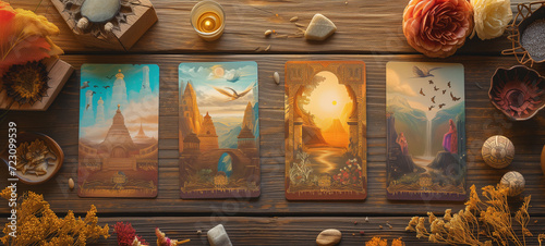 Tarot cards depicts scenes of nomadic life and ancient rituals, creating an atmosphere of wanderlust and cultural exploration