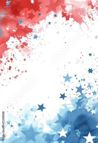 Watercolor splashes in red and blue colors with stars. USA national holiday concept background. © Artlana
