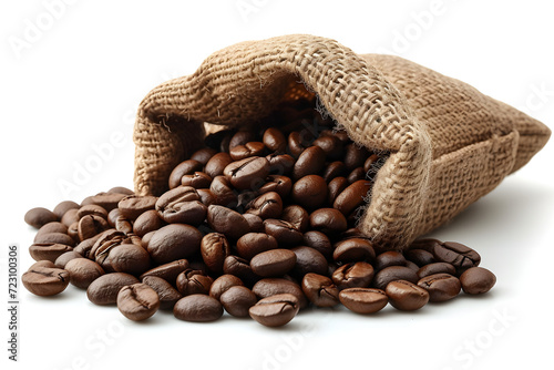 Coffee beans spilling out of a bag on a white isolated background © Yi_Studio