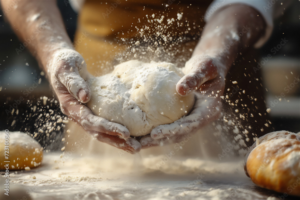 Fototapeta premium Man hand preparing bread dough on the table in a bakery