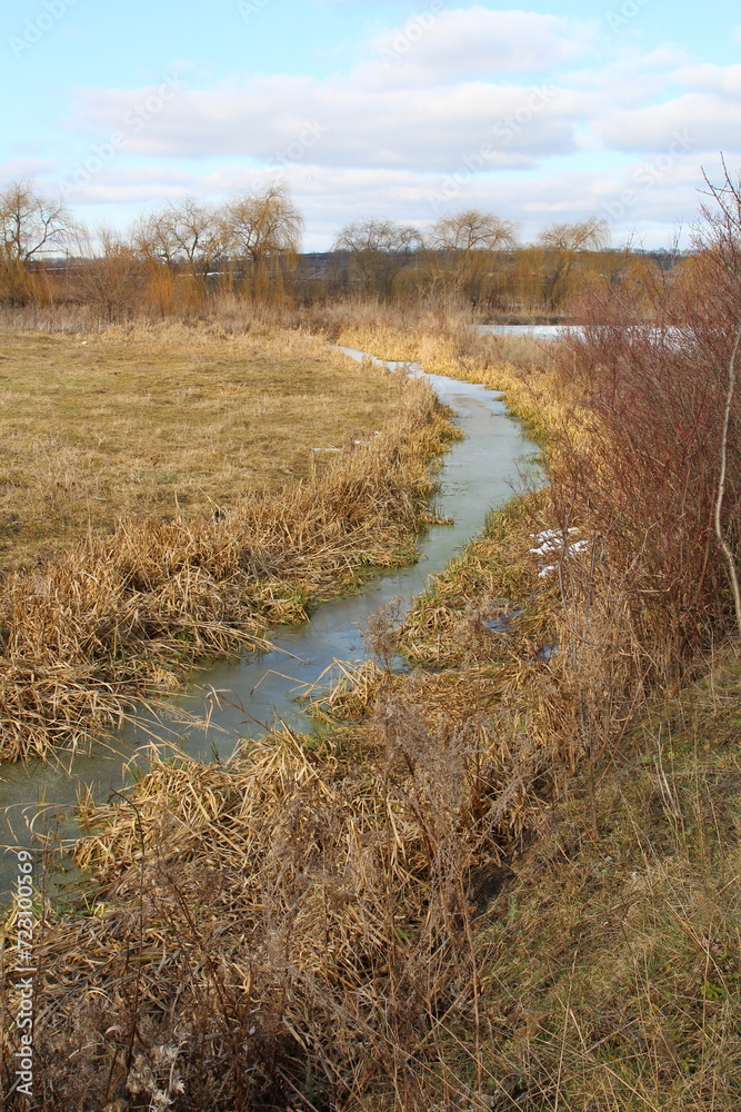 A stream of water surrounded by grass