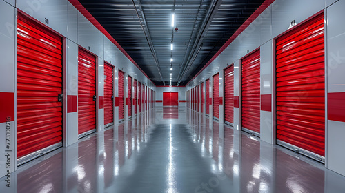 Corridor of red rental self storage unit  © Yi_Studio