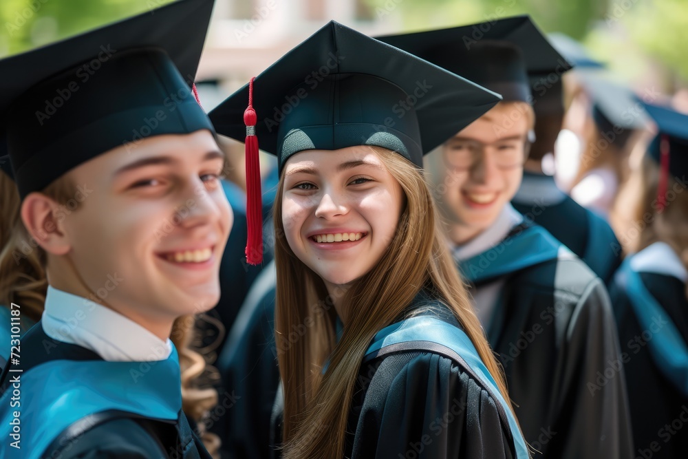 A diverse group of jubilant graduates in blue caps and gowns share a joyful moment together, their faces beaming with pride and accomplishment. Ai generated A diverse group of jubilant graduates in blue caps and gowns share a joyful moment together, their faces beaming with pride and accomplishment. Ai generated