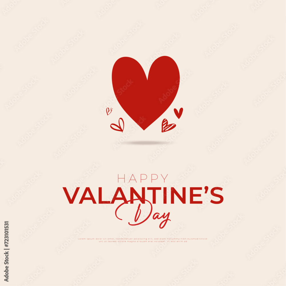 Happy Valentine's Day Post and Greeting Card. Modern Valentine's Day Background and Text with Red Heart Vector Illustration
