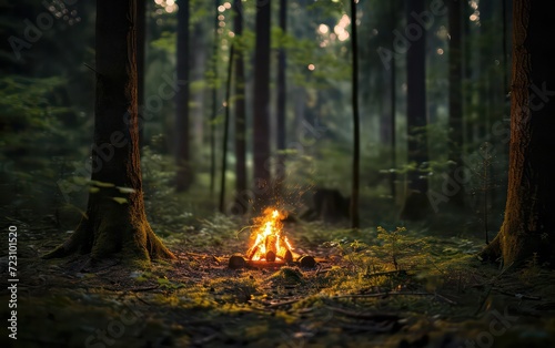 The serenity of a peaceful forest where a camping station fireplace light bokeh  offering warmth and comfort in the midst of nature s tranquility.