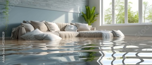 Home floor submerged in water, highlighting water damage and potential issues photo