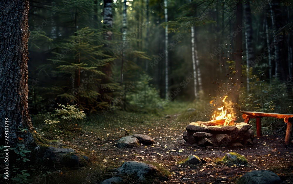 The serenity of a peaceful forest where a camping station fireplace light bokeh, offering warmth and comfort in the midst of nature's tranquility. The serenity of a peaceful forest where a camping station fireplace light bokeh, offering warmth and comfort in the midst of nature's tranquility.