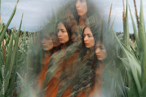 Multiple image of thoughtful woman in corn field photo
