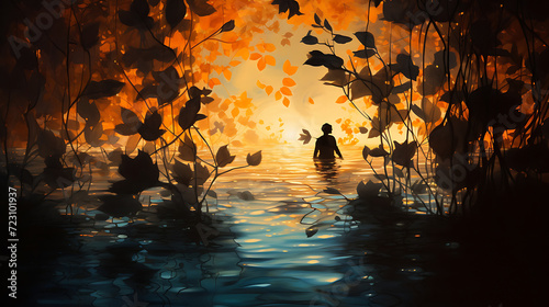 Silhouetted leaves dance in the sea's shadowy embrace, a poetic fusion of nature and water © growth.ai