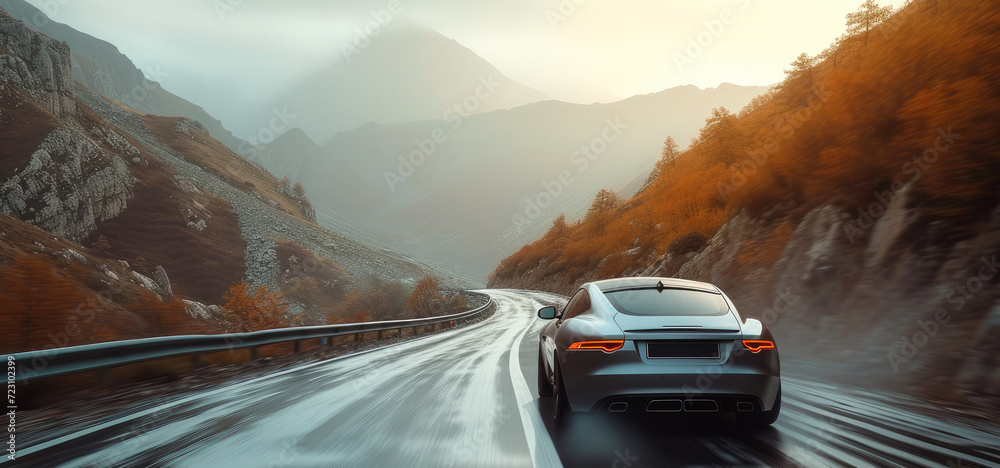 A car driving fast around a bend in the road, mountain road. Generative AI.