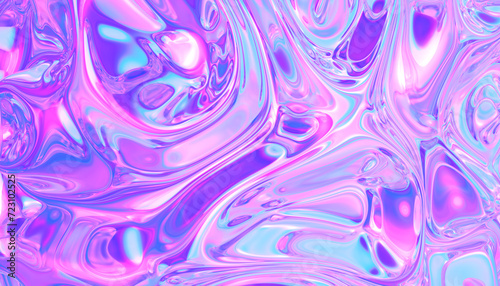 3D illustration - Wavy holographic glass texture with iridescent pink and purple colors
