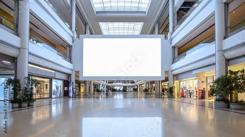 Large blank white horizontal billboard banner or advertisement poster displayed in a moll or shopping center, no people, nobody. Empty mockup board indoors for commercial, framed screen space photo