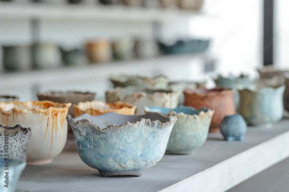 Fototapeta premium Multi-colored pottery pottery, bowls, cups covered with blue blue and brown glaze.