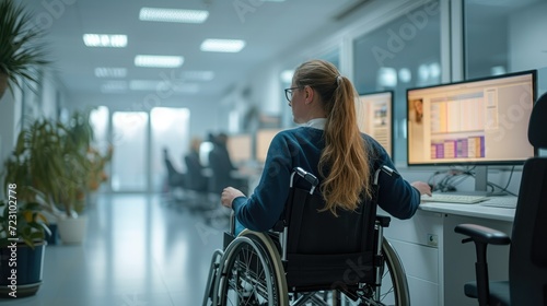 Rear view. A woman on wheelchair working in an office, colleagues. Generative AI.