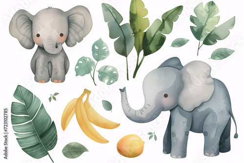 This cute watercolor illustration showcases baby elephants with tropical leaves and fruit, perfect for nursery decor and educational children's books.