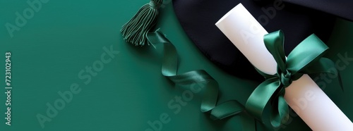 A traditional black graduation cap with a vibrant Gree tassel is paired with a white diploma tied with a gree ribbon. The bold contrast against a deep green background photo