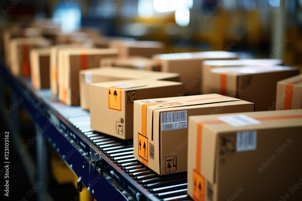 Box packages on conveyor belt.