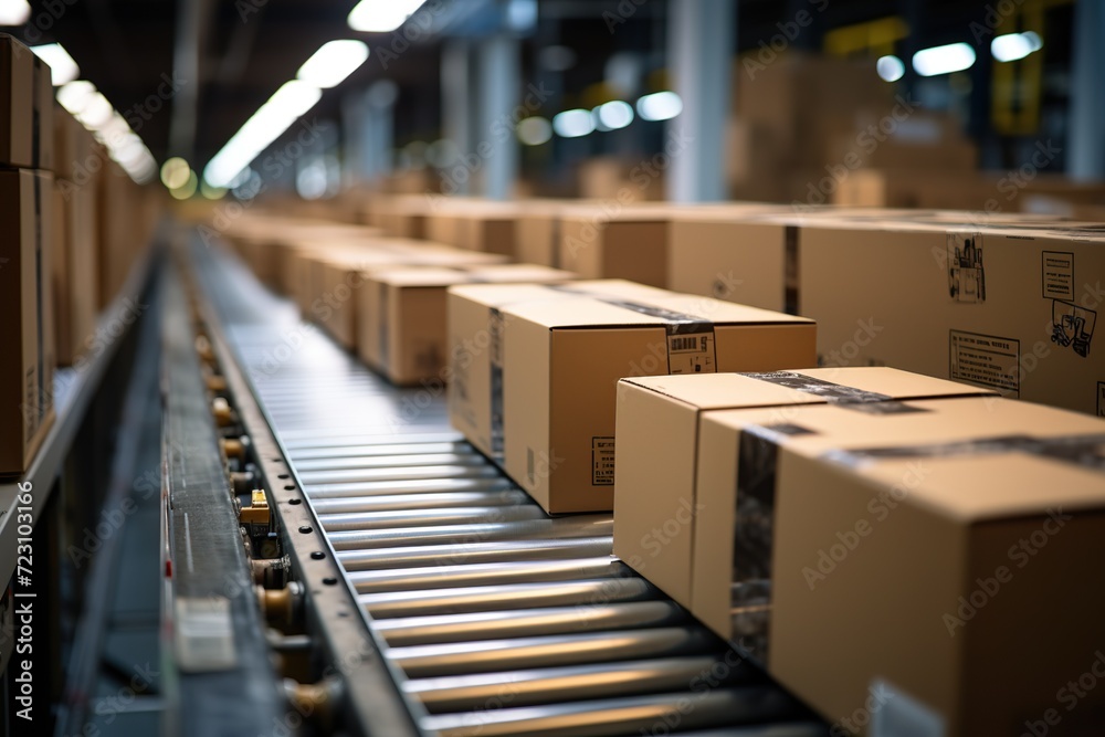 Box packages on conveyor belt.