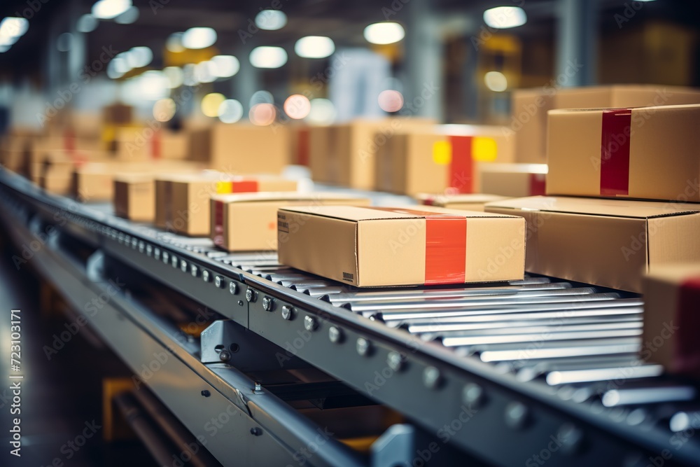 Box packages on conveyor belt. Box packages on conveyor belt.