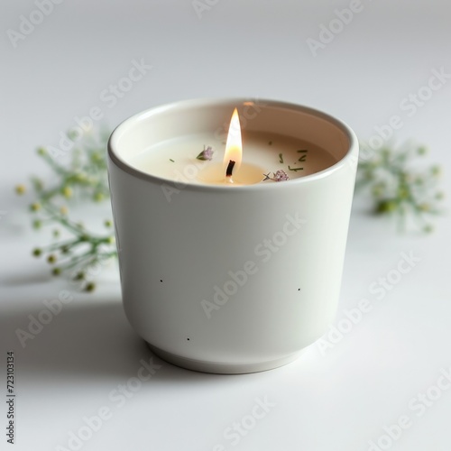 Scented candle in oversized cylindrical cup, pure white background, simple decoration. Generative AI.