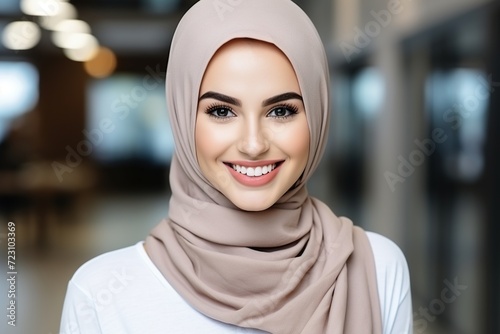 Portrait of female muslim woman standing, wearing hijab.