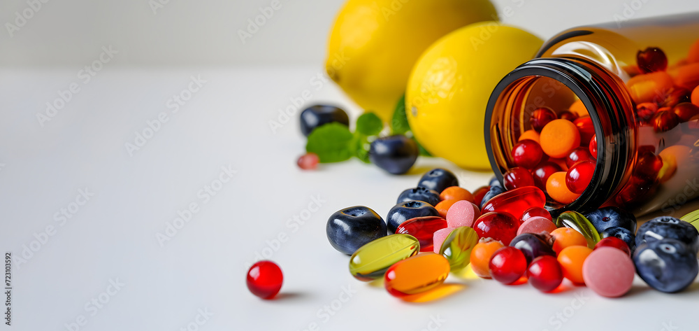 Inverted bottle of drugs with pills and fruits spilled out of it. Natural and synthetic sources of vitamins. Copy space Inverted bottle of drugs with pills and fruits spilled out of it. Natural and synthetic sources of vitamins. Copy space