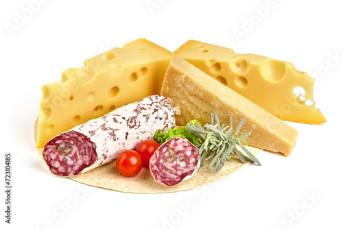 Maasdam, parmesan cheese and Cured salami sausage, isolated on white background.