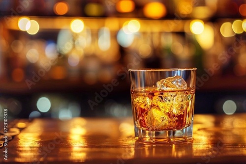 Glass of whiskey with ice cubes on bar counter, bokeh background